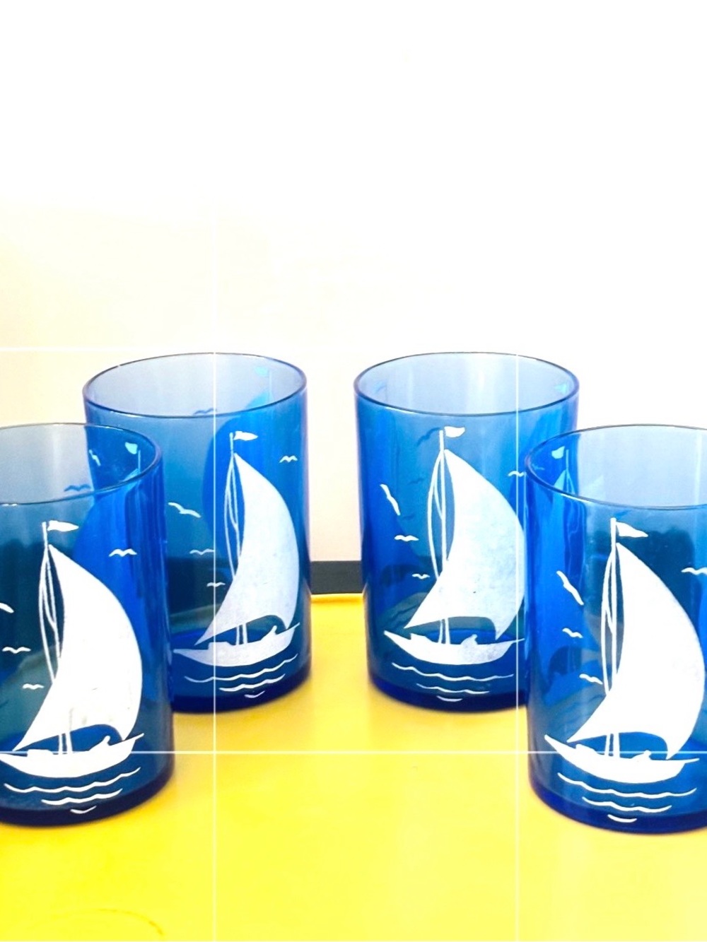 Hazel Atlas Blue Cobalt Sailboat Glasses - Set of 4 Coastal Nautical Depression
